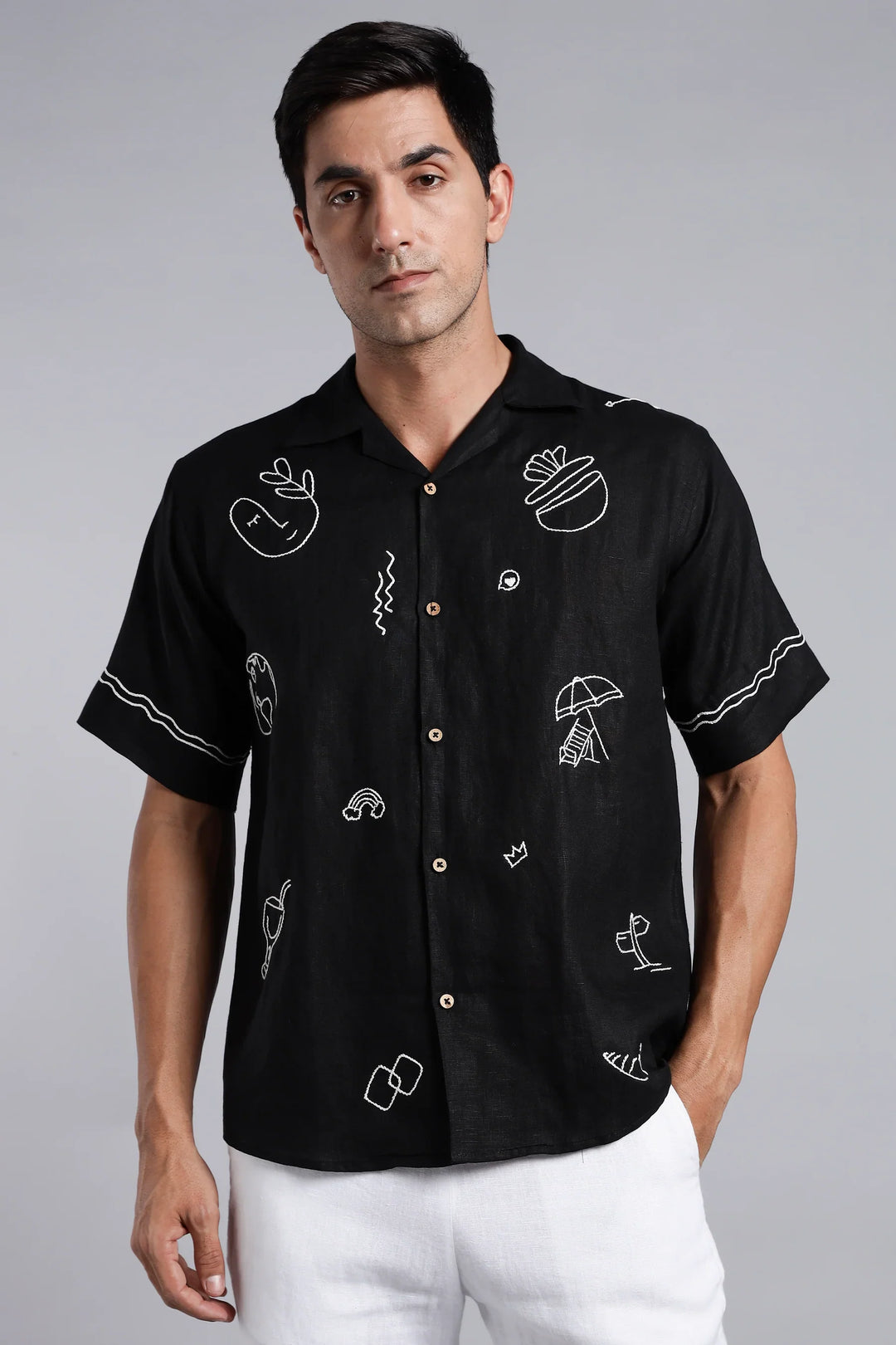 Handwork Black Linen Shirt – WanderMood Embroidery – 100% Pure Linen – Men's Trending Fashion | CraftedLinen