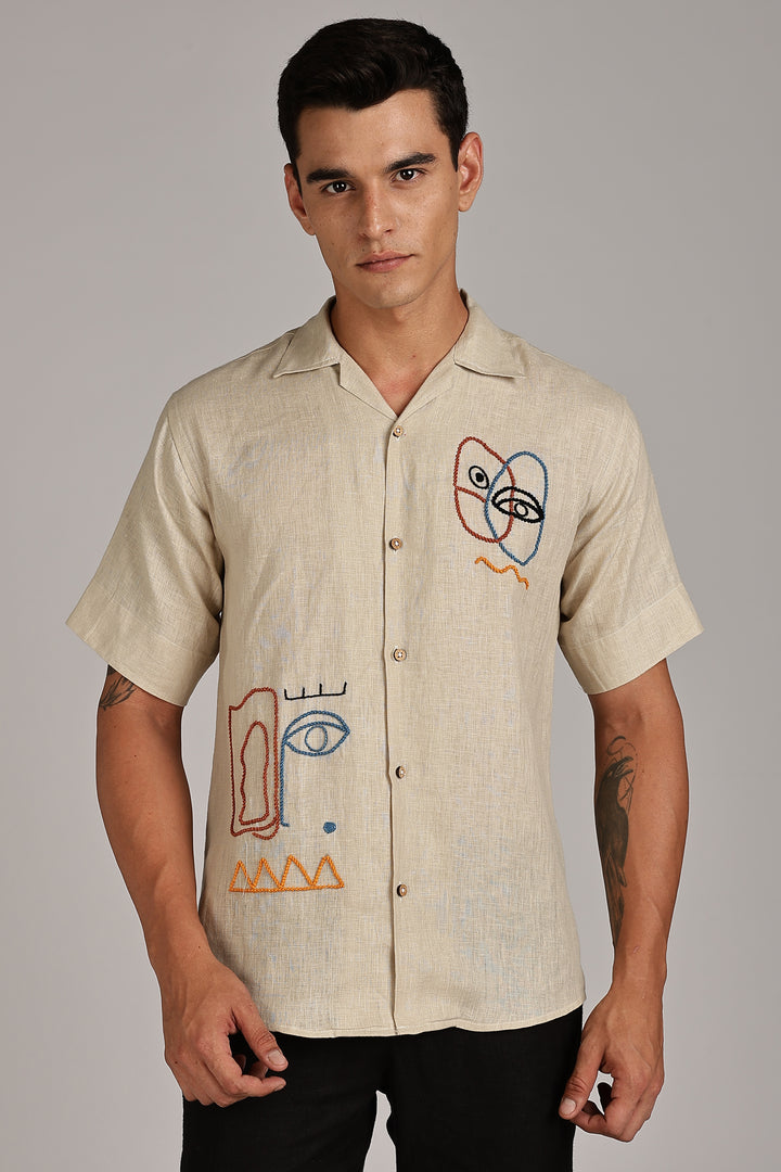Handwork Beige Linen Shirt – EyeCraft Embroidery – 100% Pure Linen – Men's Trending Fashion | CraftedLinen